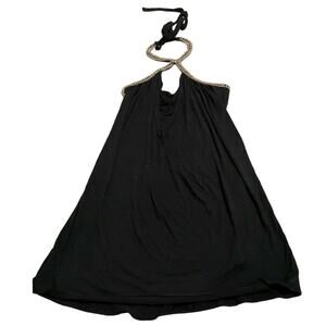 Sky Black Halter Mini Dress/Long Top Gold & Rhinestone Keyhole Tie Neck Small